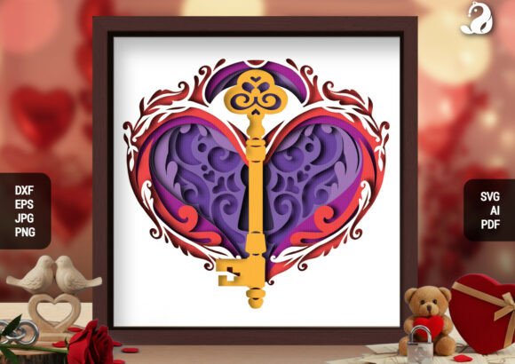 3D Layered Heart Key Shadow Box SVG